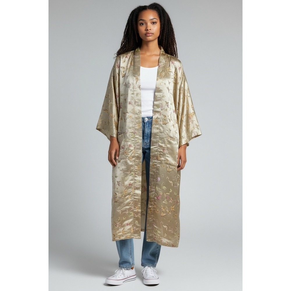 Golden‎ Dragon Kimono Robe Jacket Satin Floral Butterfly Print Maxi Long  XXXL